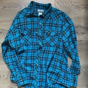Wrangler Women's Pearl Snap Teal and Black Checkered Shirt